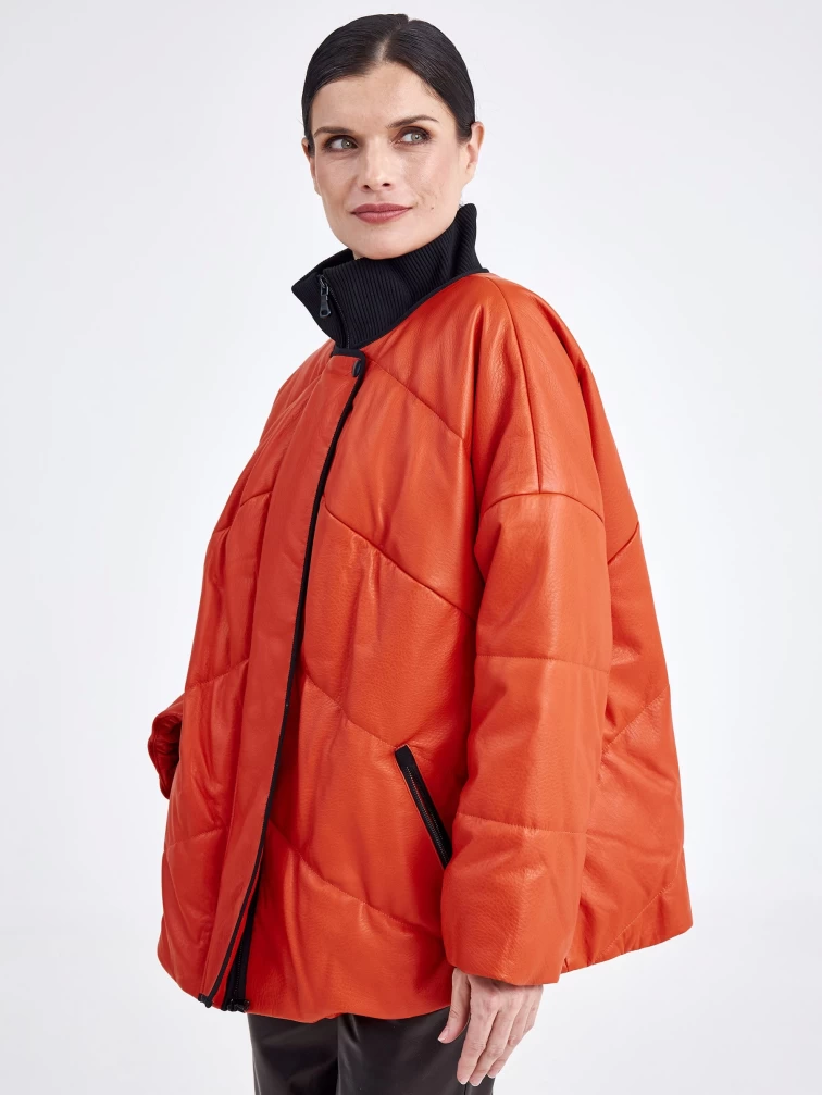 Утепленная женская кожаная куртка оверсайз премиум класса 3022, оранжевая, размер 44, артикул 23350-1