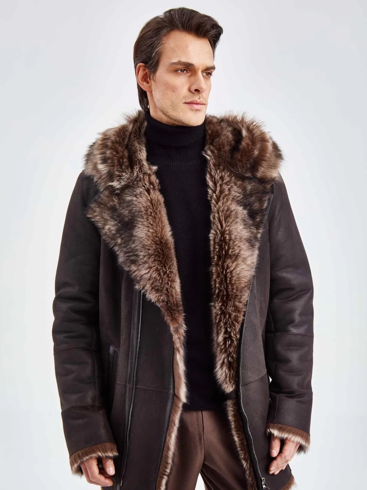 Удлиненная дубленка косуха из тосканы для мужчин премиум класса 435, черная, размер 50, артикул 71430-4