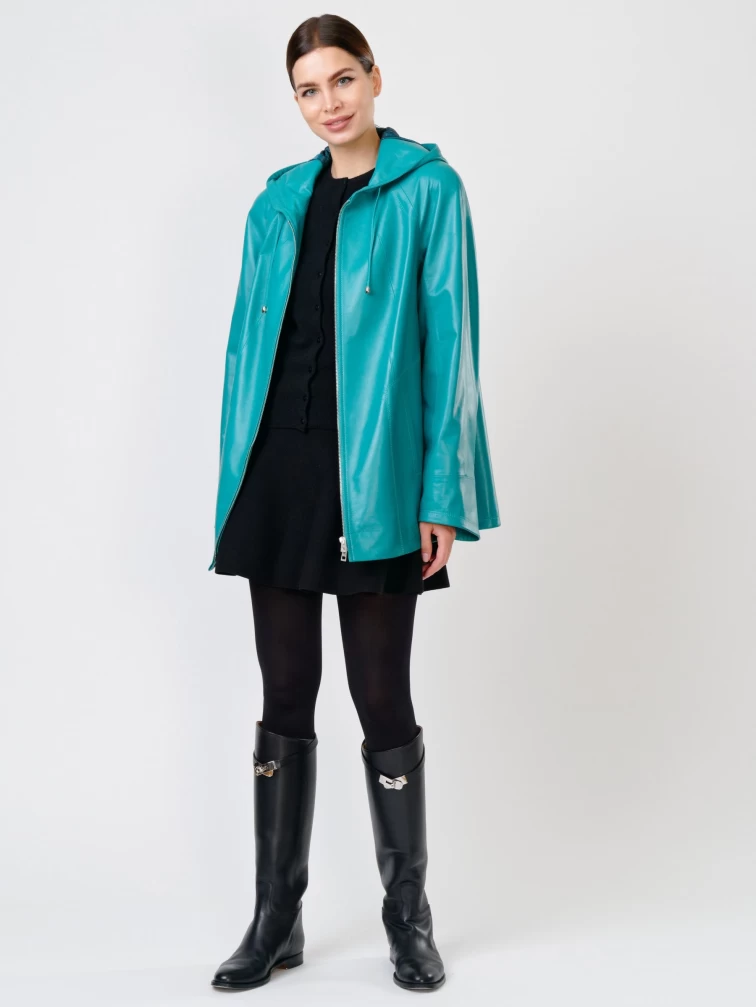 Кожаная женская куртка оверсайз с капюшоном 383, бирюзовая, размер 52, артикул 90740-3
