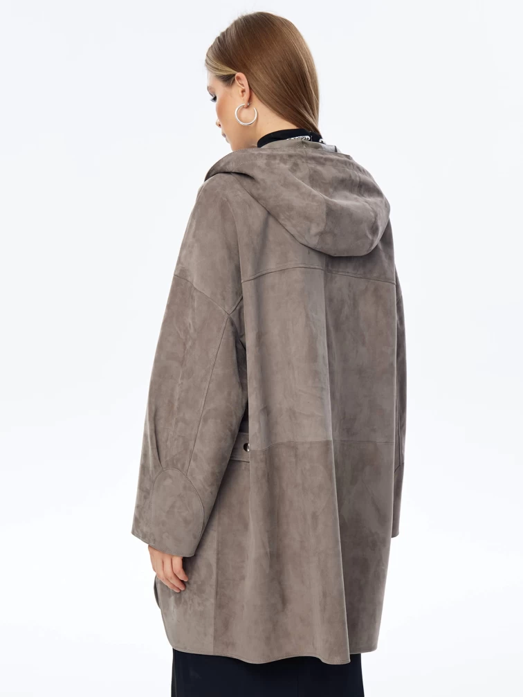 Замшевый плащ оверсайз с капюшоном для женщин премиум класса 3059з, серый, размер 52, артикул 23570-5