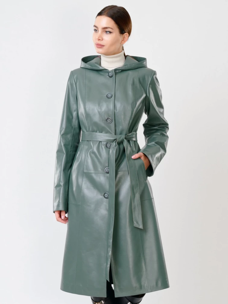 Кожаный женский утепленный плащ с капюшоном 380нш, размер 52, оливковый, артикул 91391-2