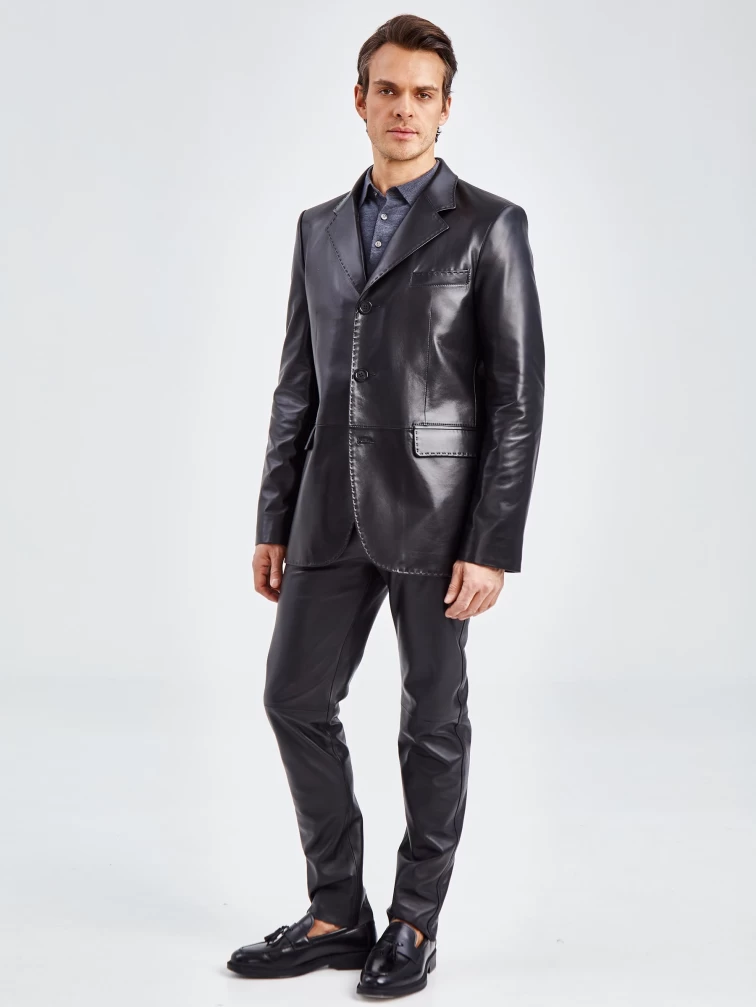 Мужской кожаный пиджак на ручном стежке премиум класса 543, черный, размер 48, артикул 27330-5
