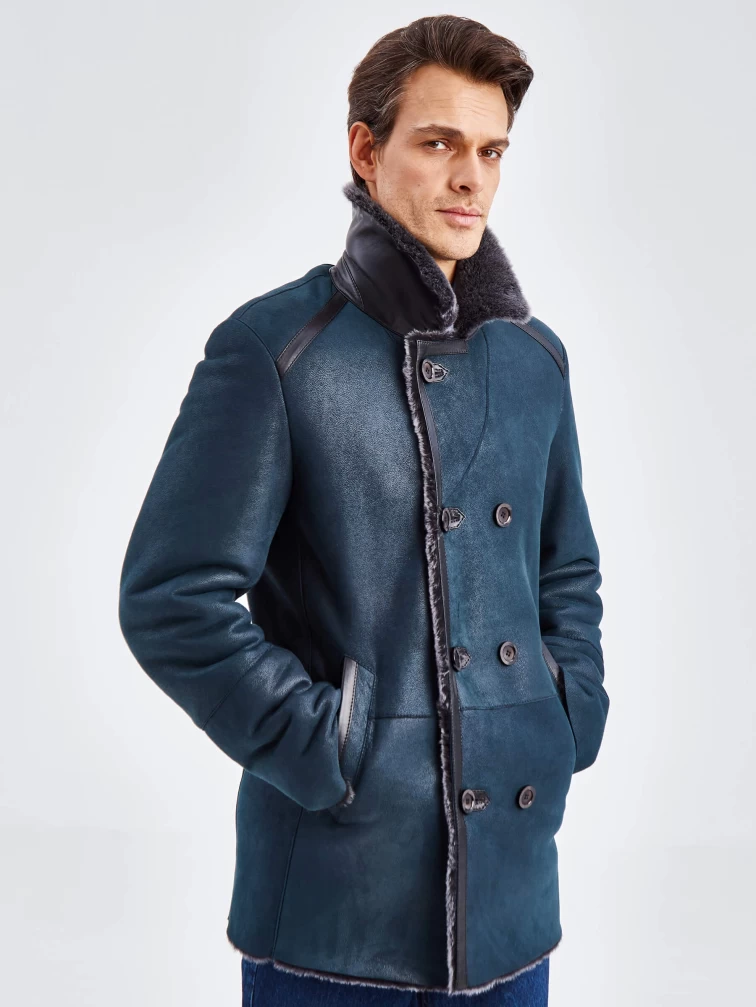 Дубленка двубортная классическая мужская 422, синяя, размер 60, артикул 70490-1
