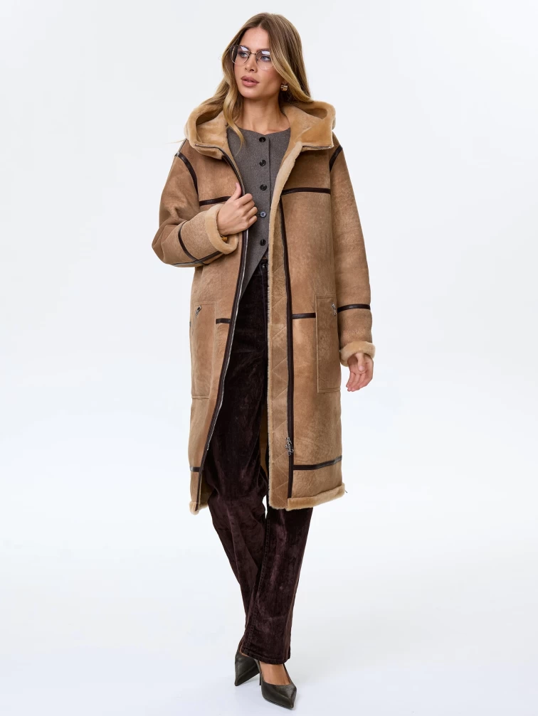 Длинная дубленка с объемным капюшоном для женщин премиум класса 2061, светло-коричневая, размер 44, артикул 64220-5