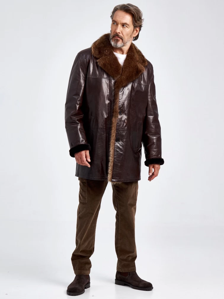 Кожаное мужское зимнее полупальто с воротником меха соболя премиум класса 5140, коричневое, размер 56, артикул 40580-1