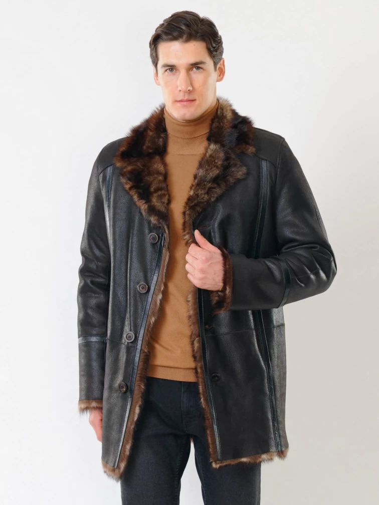 Классическая мужская дубленка из тосканы премиум класса Леон(т), черный триколор, размер 60, артикул 70610-1