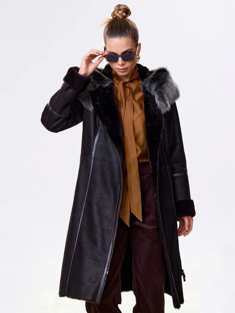 Женская дубленка с капюшоном из тосканы на молнии 265, коричневая, размер 42, артикул 61540-5