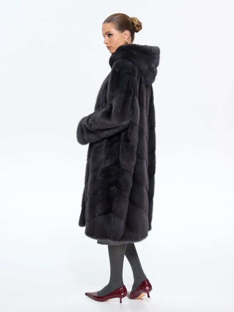 Длинная женская норковая шуба с капюшоном Москвичка-132, черная, размер 52, артикул 65390-5