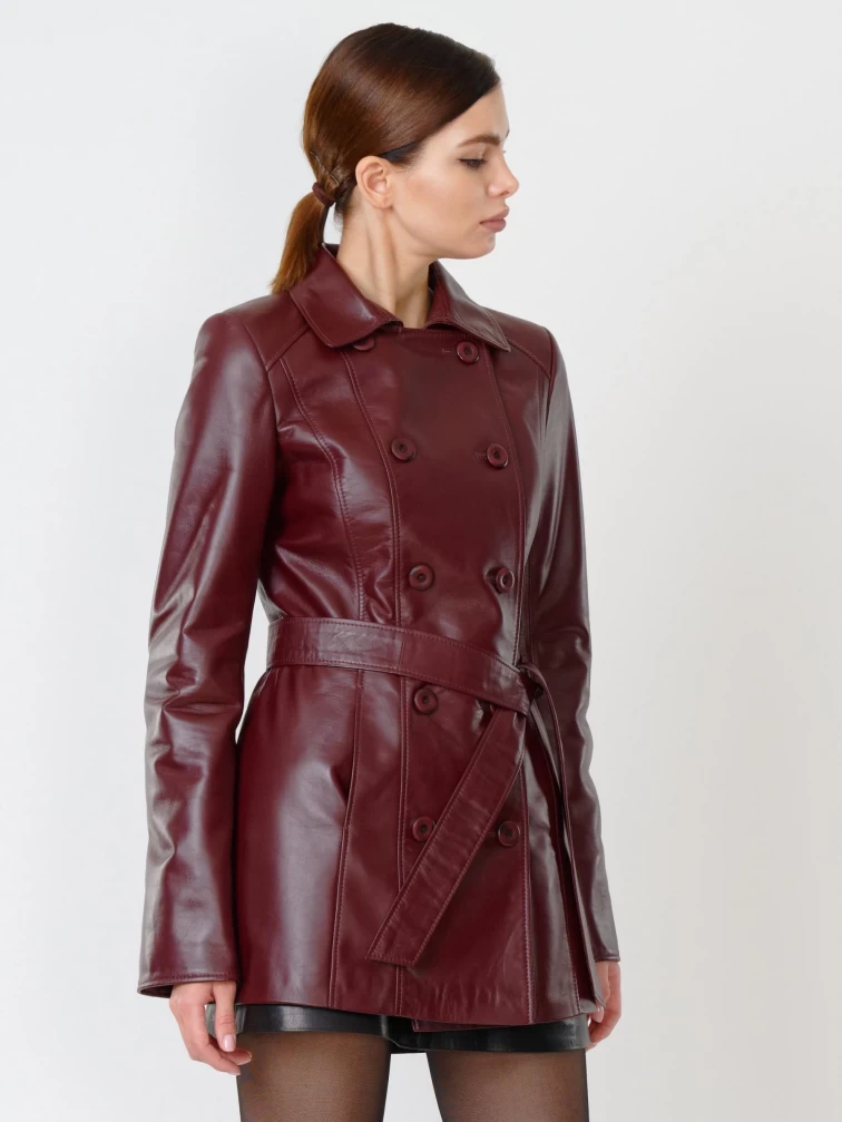 Женский утепленный кожаный двубортный френч 309ш, бордовый, размер 48, артикул 90841-1