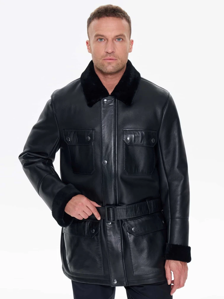 Молодежная мужская дубленка премиум класса 440, черная, размер 48, артикул 41220-3