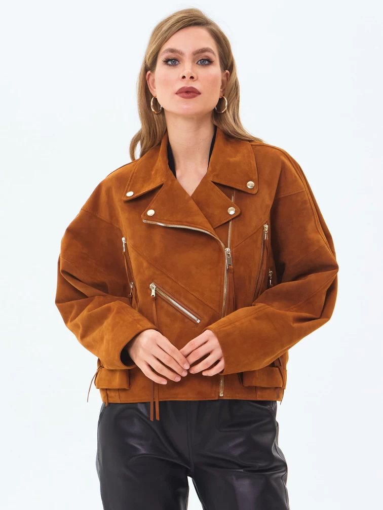 Замшевая короткая куртка косуха для женщин премиум класса 3051з, виски, размер 46, артикул 23410-7