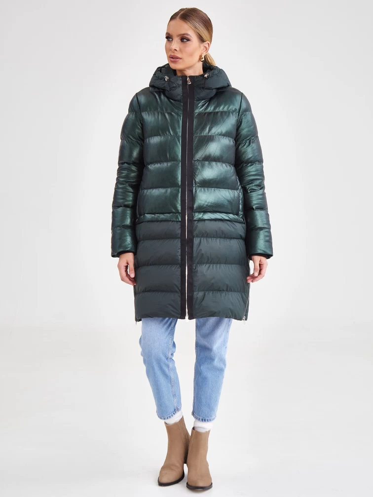 Комбинированный кожаный женский пуховик премиум класса 3049, размер 44, артикул 25460-4