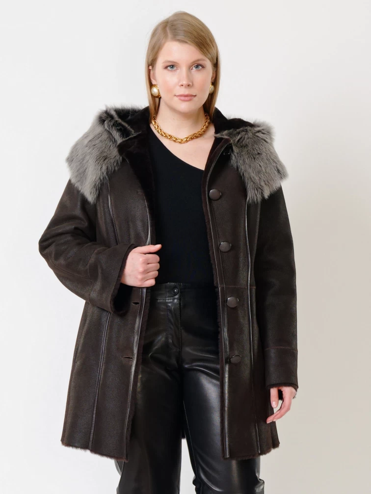 Женская дубленка с капюшоном из тосканы 270, коричневая, размер 66, артикул 14720-0