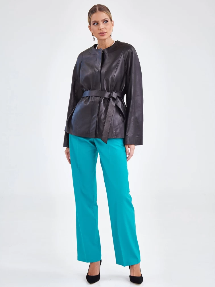 Кожаная женская куртка без воротника с поясом 3019, черная, размер 50, артикул 92110-4