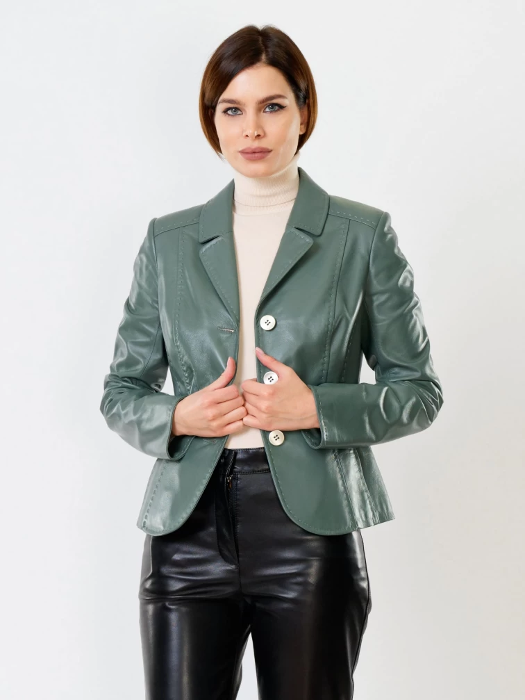 Оливковый кожаный женский пиджак премиум класса 316рс, размер 44, артикул 90250-5