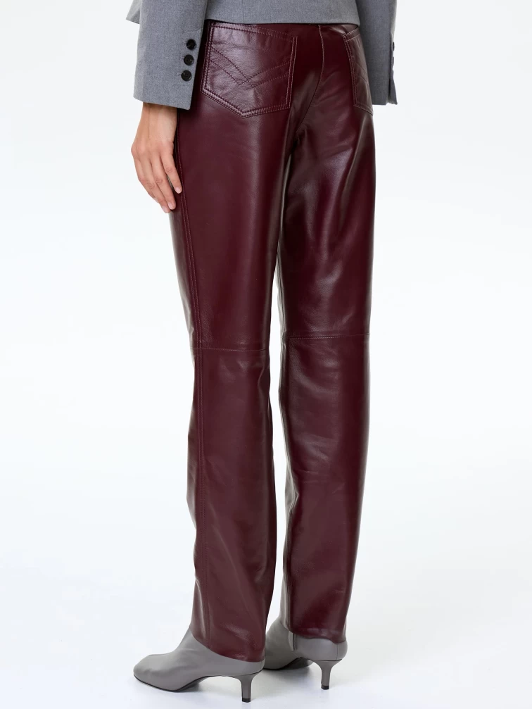 Кожаные зауженные женские брюки 02, бордовые, размер 42, артикул 85490-3