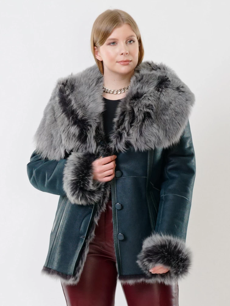 Короткая женская дубленка из тосканы с капюшоном 122, синяя, размер 40, артикул 62040-1