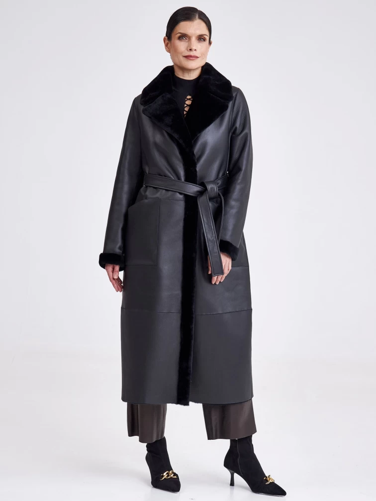 Классическая длинная женская дубленка премиум класса 2006, черная, размер 52, артикул 62581-5