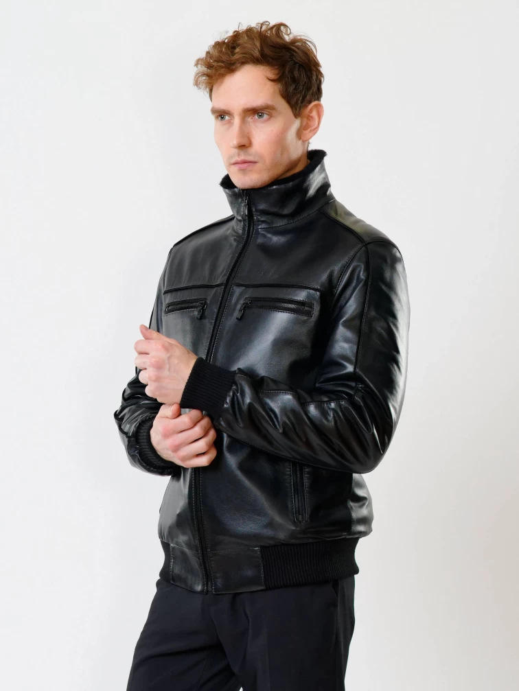 Мужская зимняя кожаная куртка на подстежке из овчины 515, черная, размер 50, артикул 40840-6