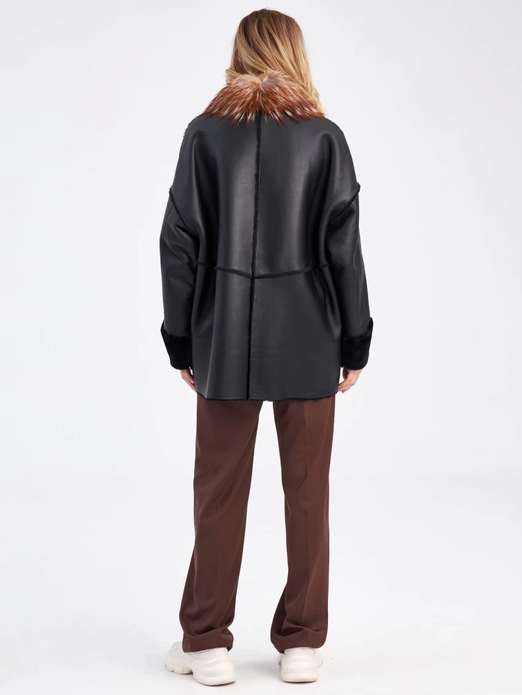 Короткая женская дубленка оверсайз с воротником лисицы премиум класса 2042, черная, размер 46, артикул 63160-5