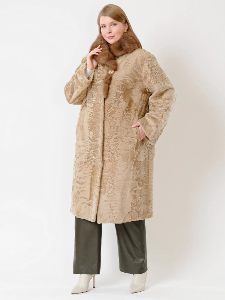 Зимний комплект женский: Шуба из каракуля Екатерина(вк) + Брюки 06, жемчужный/оливковый, р. 54, арт. 111327-0