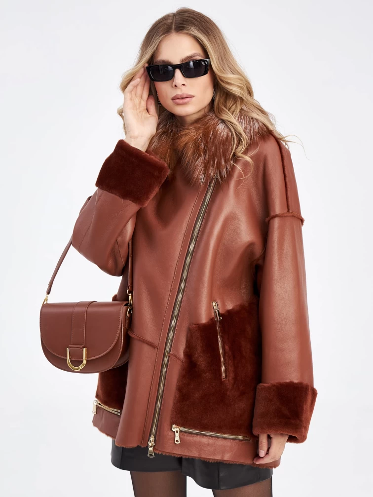 Короткая дубленка оверсайз с воротником лисицы премиум класса для женщин 2042, виски, размер 42, артикул 63190-0