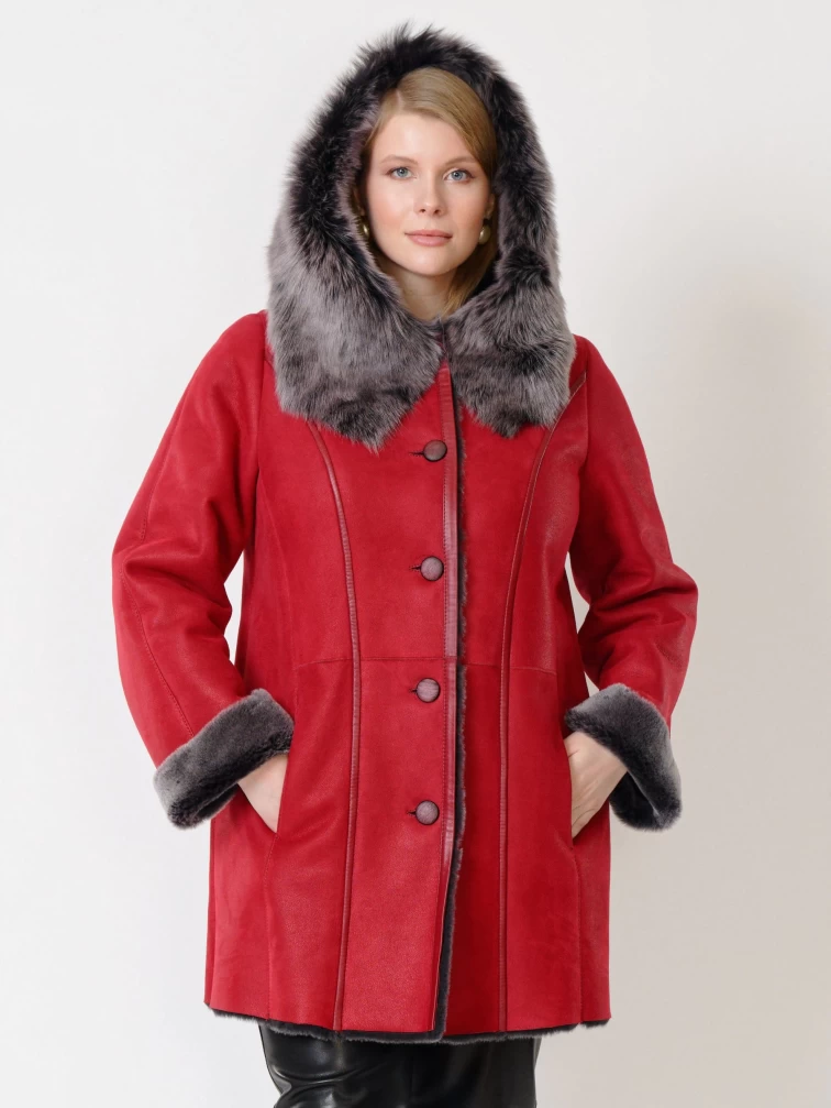 Женская дубленка с капюшоном из тосканы 270, красная, размер 52, артикул 14710-2