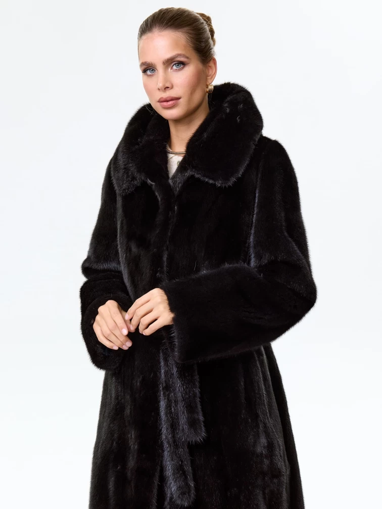Женское норковое пальто с капюшоном премиум класса Лина, черное, размер 48, артикул 64570-1