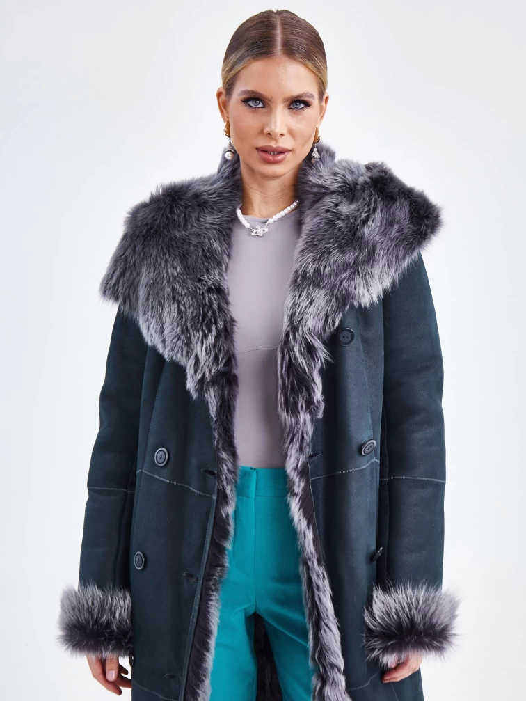 Двубортная женская дубленка из тосканы с капюшоном премиум класса 134, синяя, размер 44, артикул 62851-0