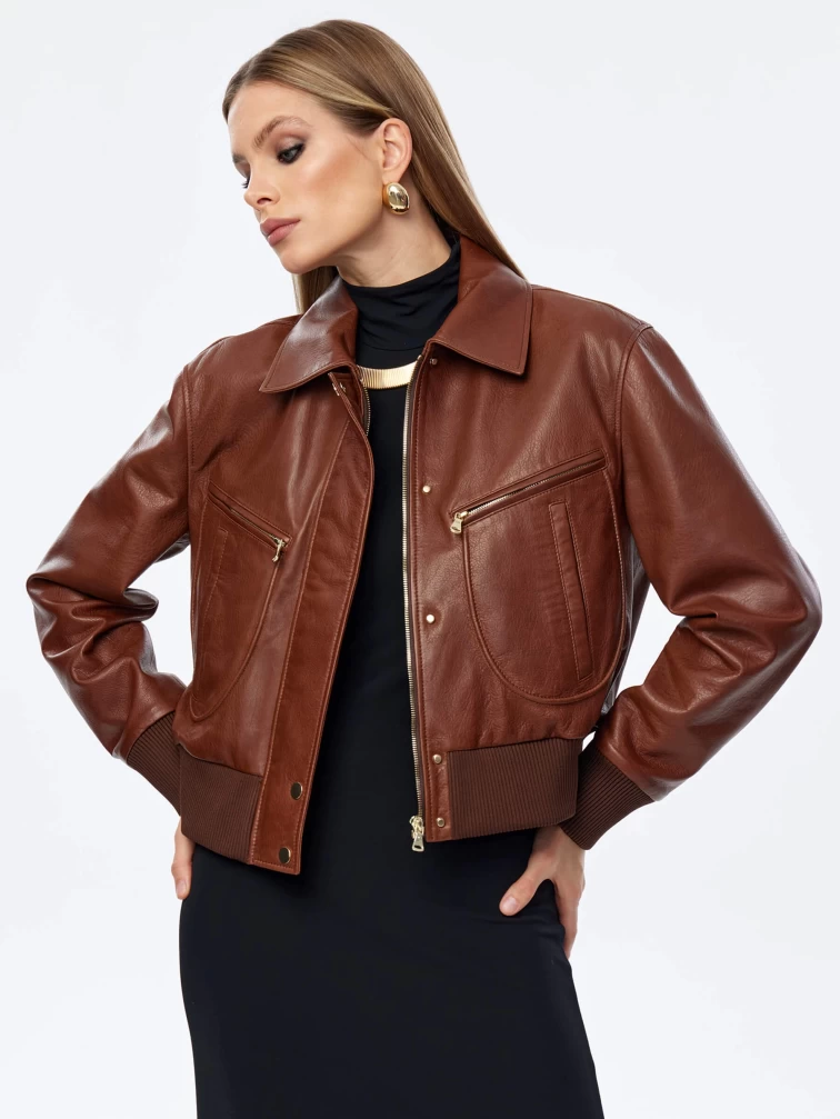 Кожаная женская куртка бомбер премиум класса 3066, песочная, размер 44, артикул 24070-0