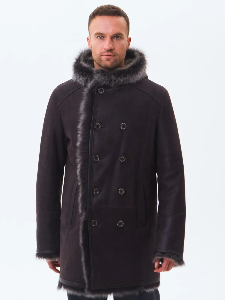 Двубортная мужская дубленка из тосканы с капюшоном премиум класса 415, коричневая, размер 52, артикул 71600-7