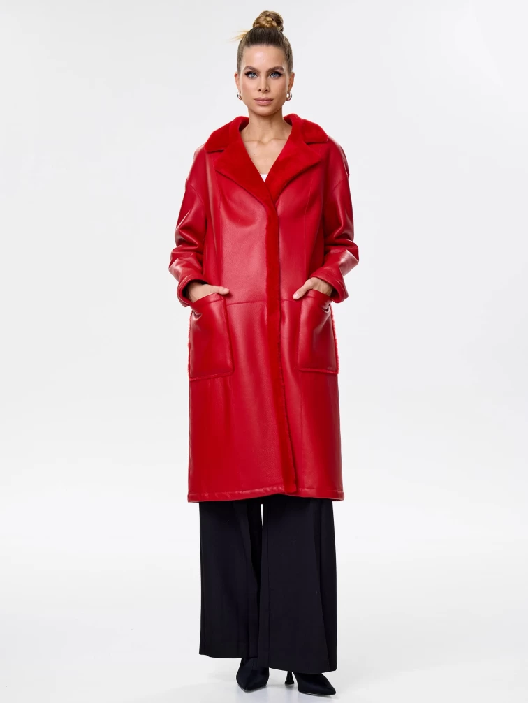 Длинная женская дубленка оверсайз премиум класса 2002, красная, размер 44, артикул 62441-1