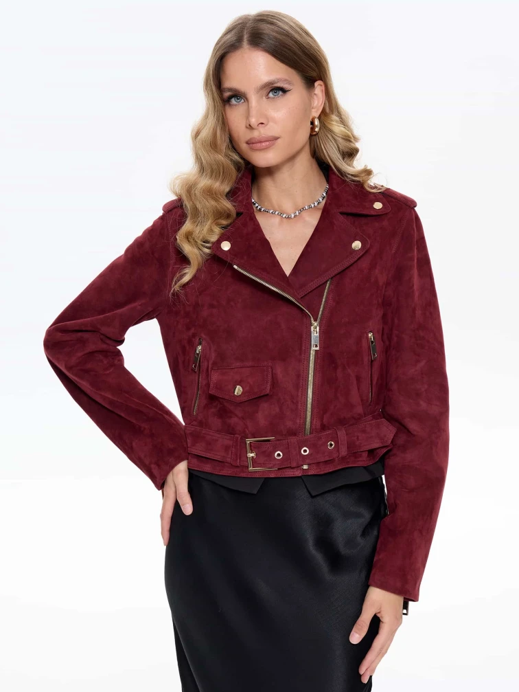 Женская замшевая куртка косуха с поясом премиум класса 3080з, бордовая, размер 42, артикул 24740-4