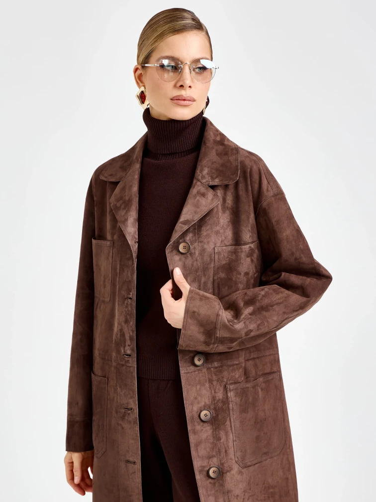 Женский замшевый плащ премиум класса 3112з, коричневый, размер 46, артикул 92370-0
