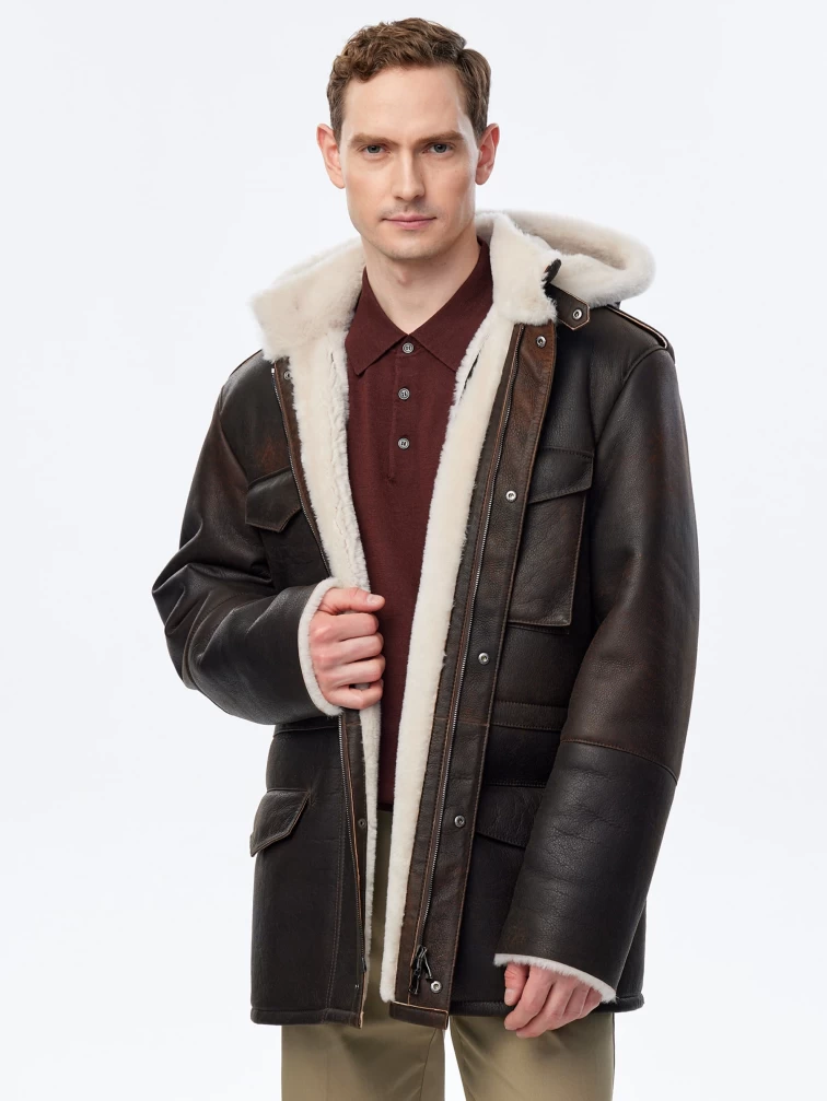 Дубленка мужская с капюшоном премиум класса 433, коричневая, размер 48, артикул 70751-0