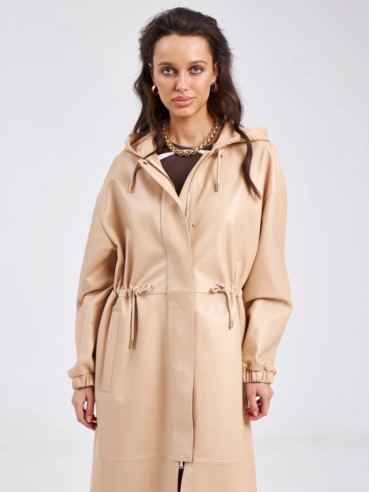 Кожаный женский плащ с капюшоном на молнии премиум класса 3033, бежевый, размер 44, артикул 91950-0