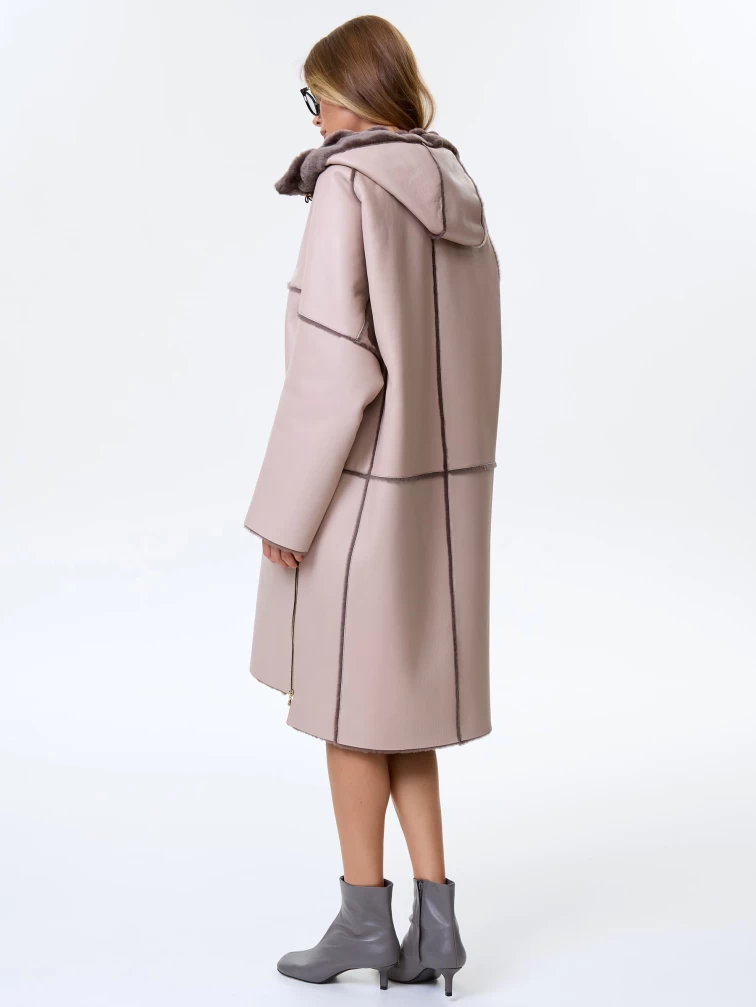 Стильная женская дубленка оверсайз с капюшоном премиум класса 2052, бежевая, размер 46, артикул 62460-5