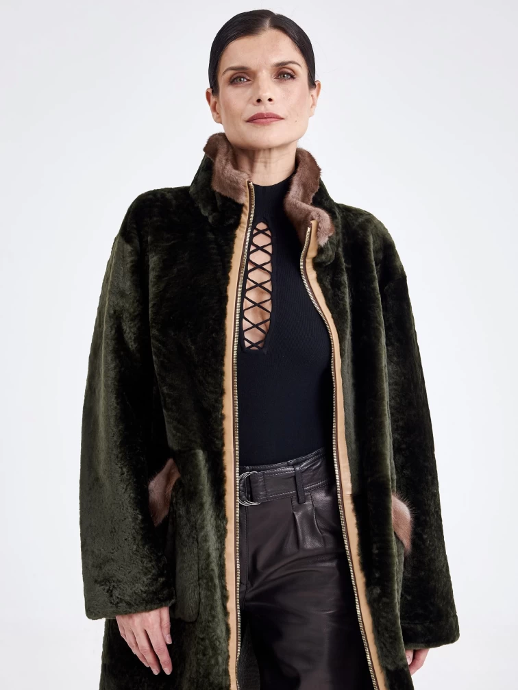 Женская двусторонняя дубленка из астрагана с мехом норки премиум класса 2018, хаки, размер 44, артикул 62770-6