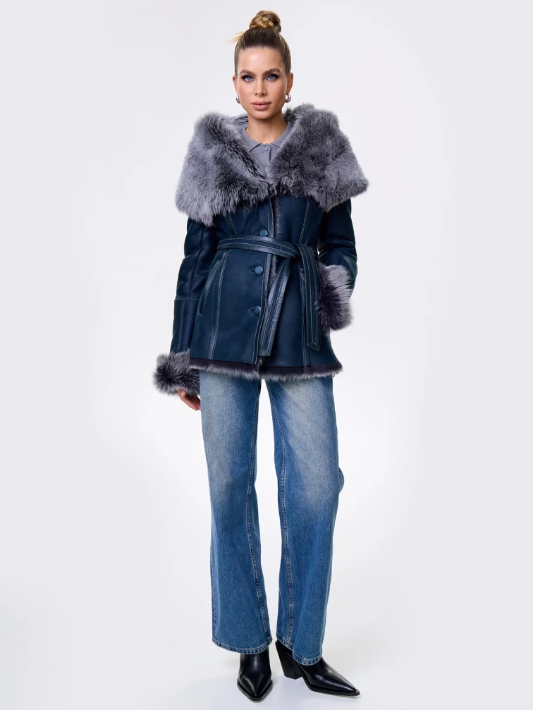 Короткая женская дубленка из тосканы с капюшоном 122, синяя, размер 40, артикул 14871-1
