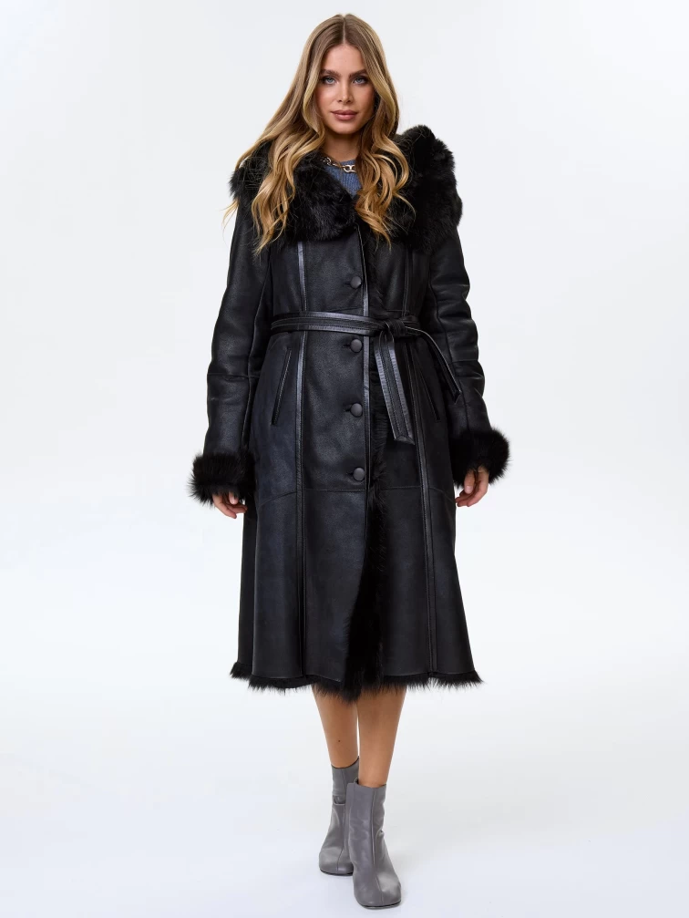 Черная женская дубленка из тосканы с капюшоном 132, размер 48, артикул 64590-6
