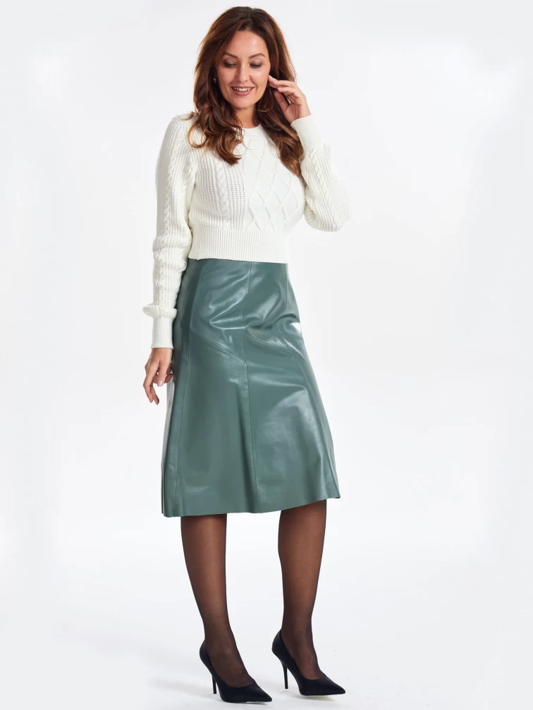 Оливковая расклешенная кожаная юбка 04, размер 50, артикул 85401-6