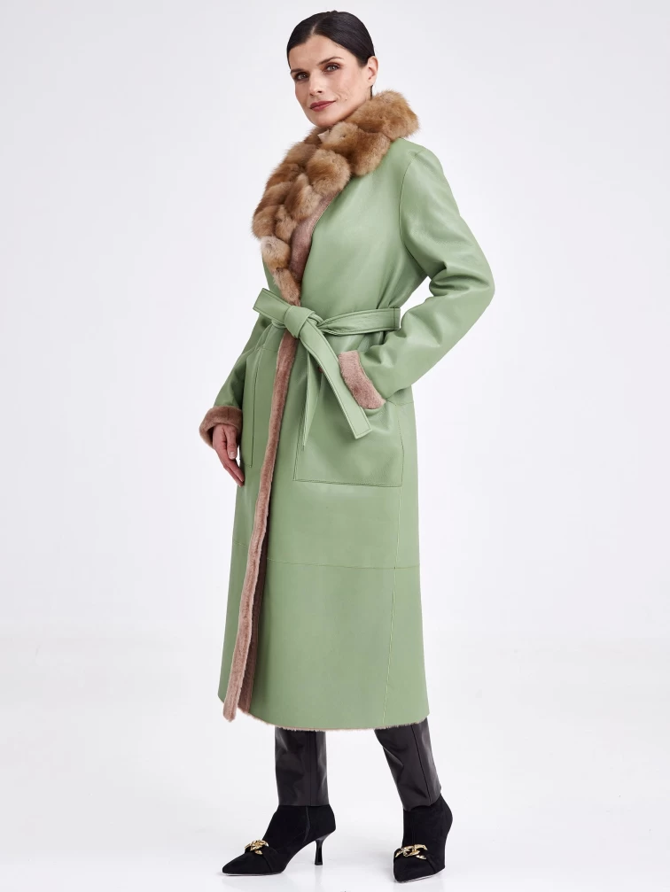 Длинная женская дубленка с воротником из меха куницы премиум класса 2007, оливковая, размер 46, артикул 62590-1