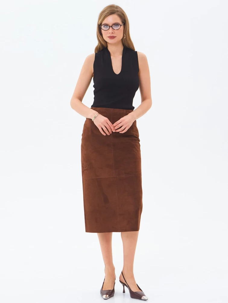 Замшевая юбка-миди 18з, коньячная, размер 42, артикул 85990-0