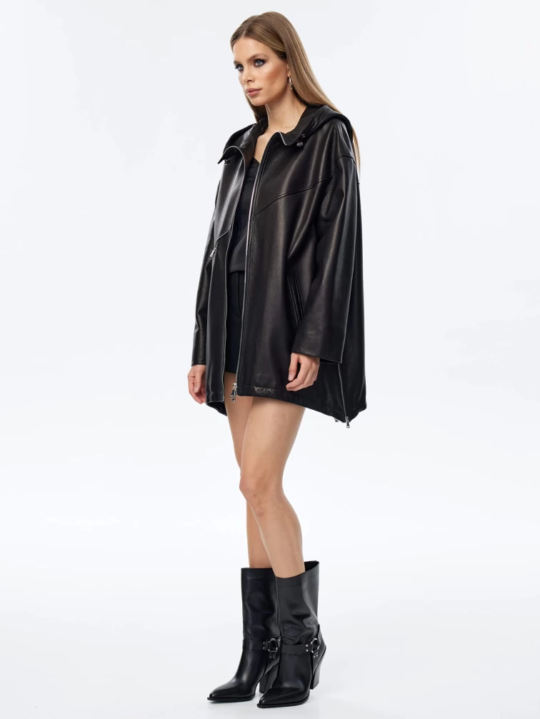 Кожаный плащ оверсайз с капюшоном для женщин премиум класса 3054, черный, размер 48, артикул 24000-0