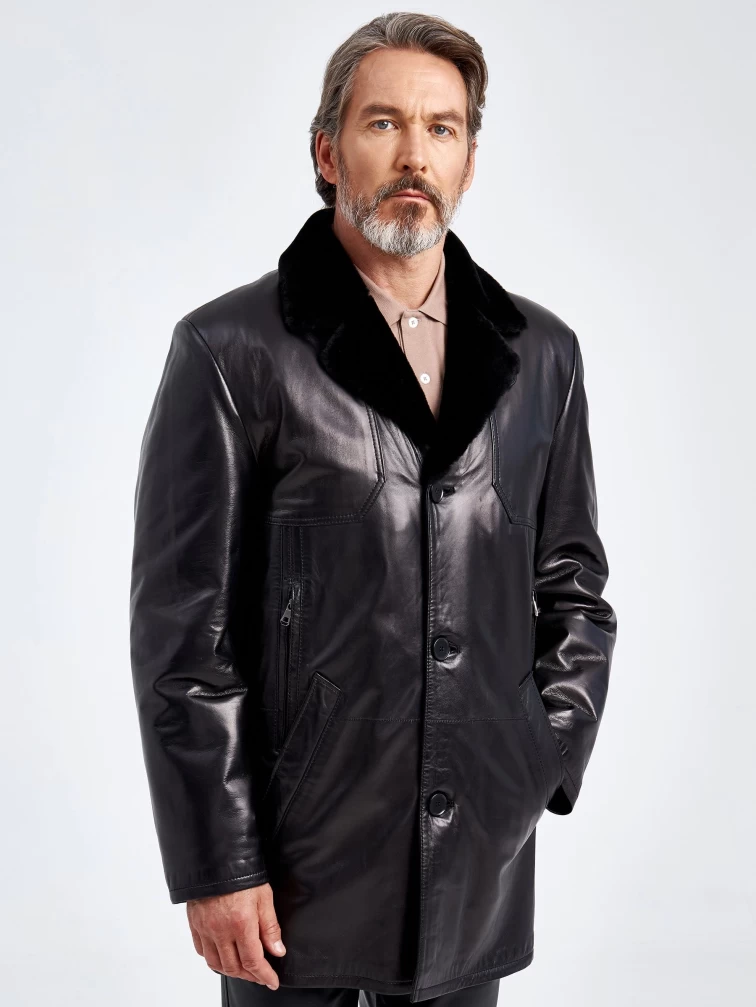 Зимнее мужское кожаное полупальто на подкладке из овчины 5704, черное, размер 48, артикул 40650-0