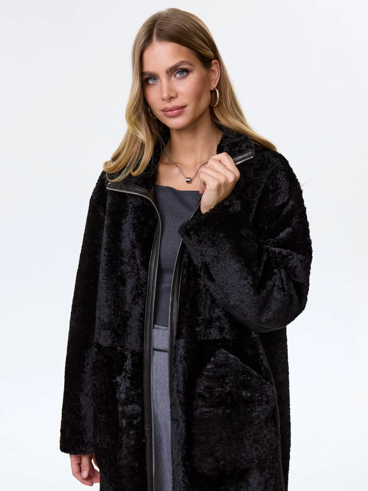 Длинная женская дубленка из астрагана премиум класса 2060, черная, размер 46, артикул 62490-8