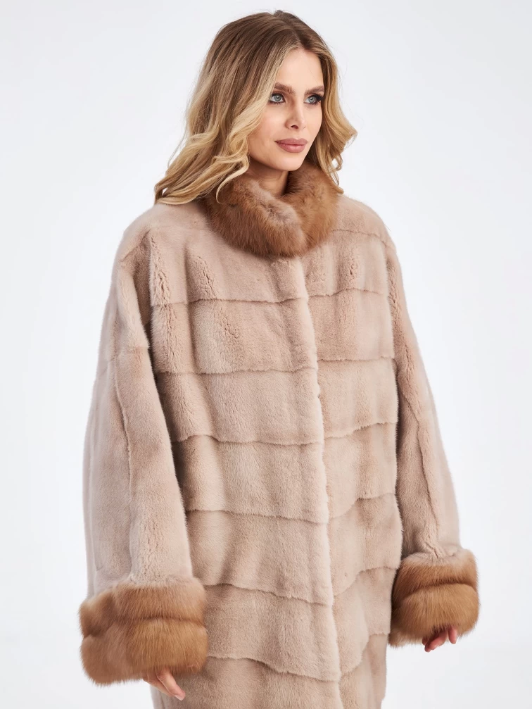 Поперечная длинная женская шуба из меха норки с отделкой из меха куницы Анастасия(ск), пудровая, размер 38, артикул 33700-3
