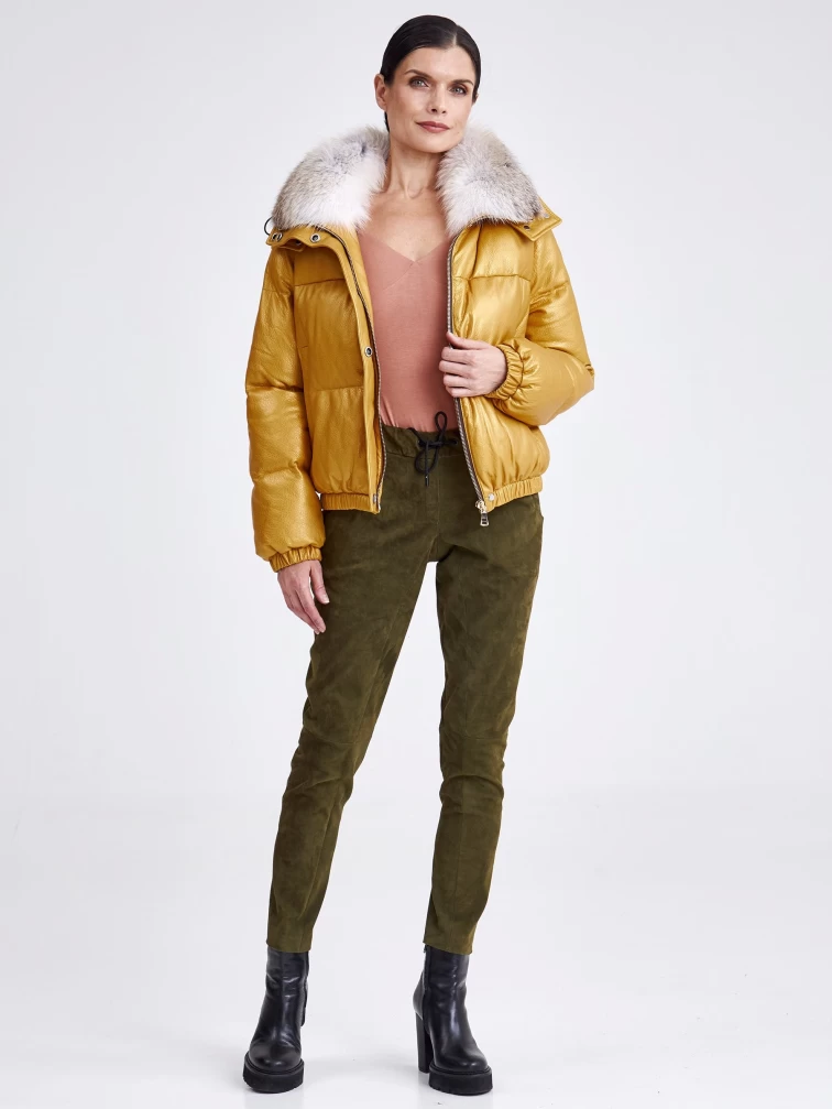 Женская кожаная куртка бомбер с меховым капюшоном премиум класса 3027, желтая, размер 44, артикул 25440-1