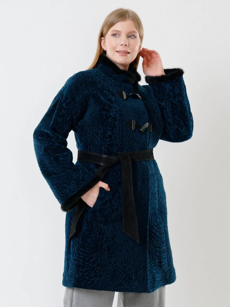Женская дубленка из астрагана с отделкой из меха норки 34мех, синяя, размер 46, артикул 17230-5