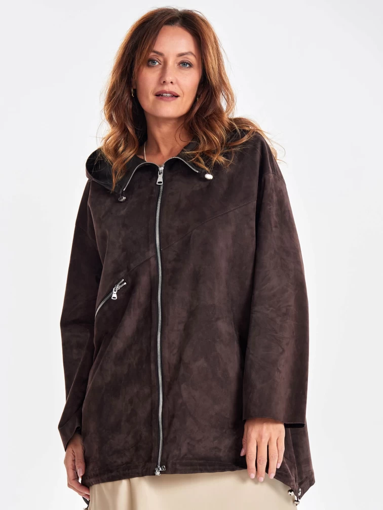 Замшевый женский плащ оверсайз на молнии с капюшоном премиум класса 3053з, коричневый, размер 48, артикул 23470-0